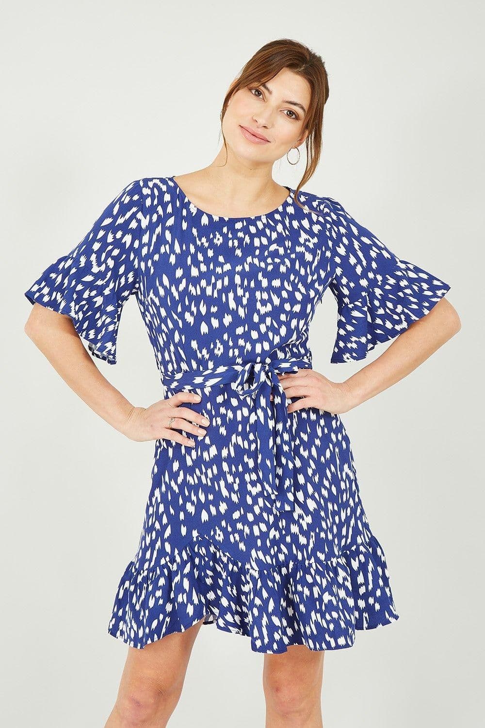 Dash Print Dress Fluted Sleeve