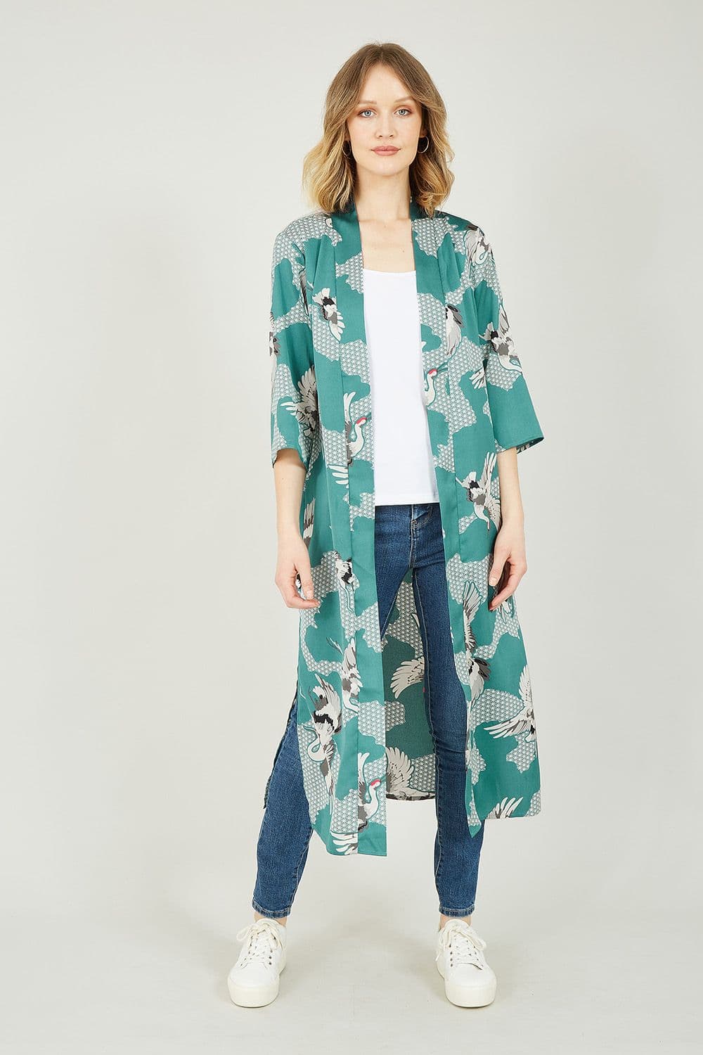 Teal Crane Satin Kimono