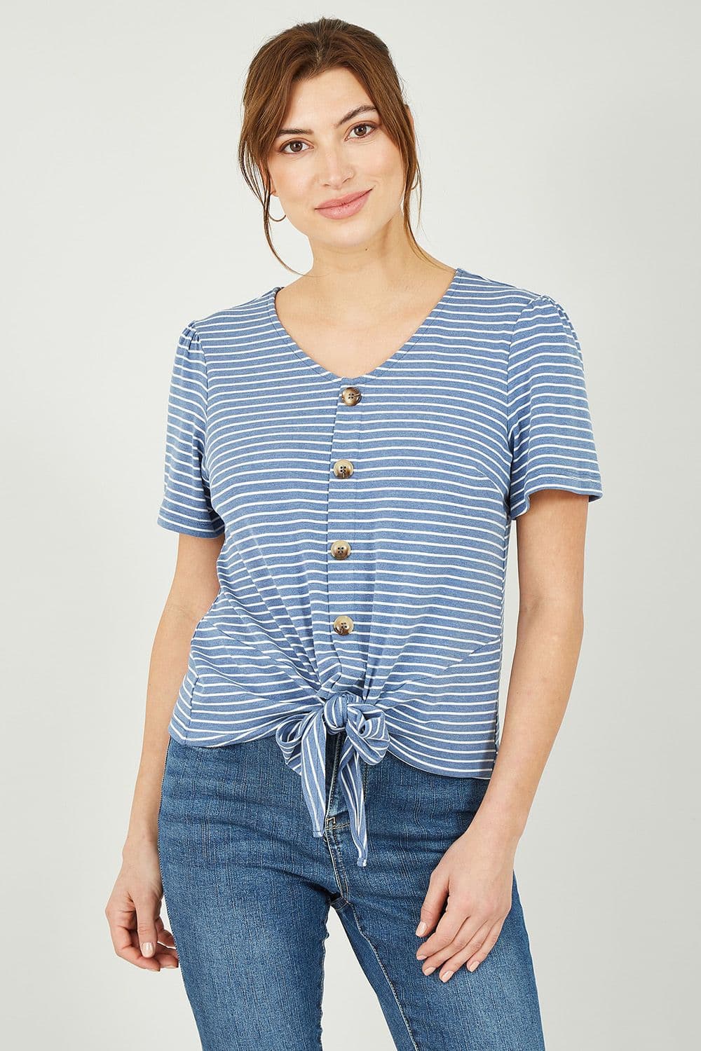 Yumi Women's Blue Striped Jersey Button Detail Top | Size: 8