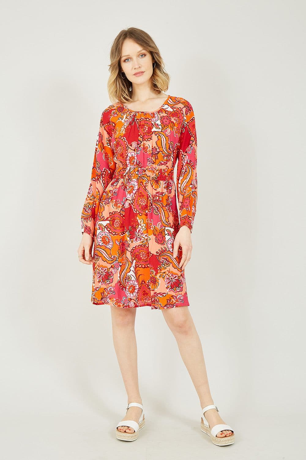 Pink Paisley Print Ruched Waist Dress