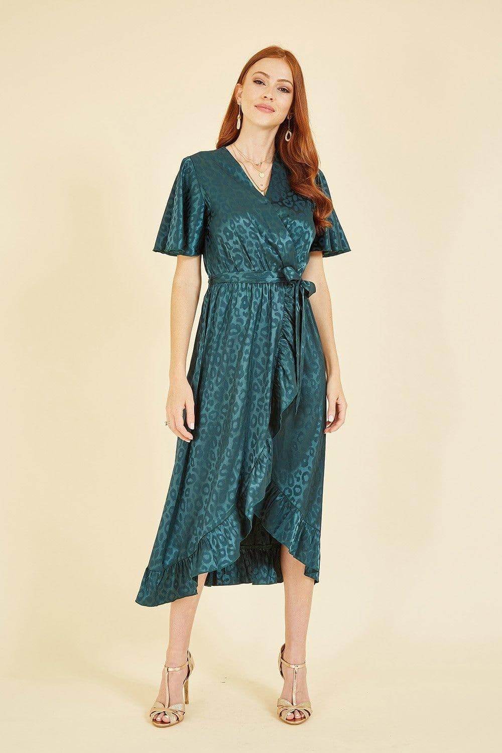Jacquard Leopard Print Wrap Midi Dress