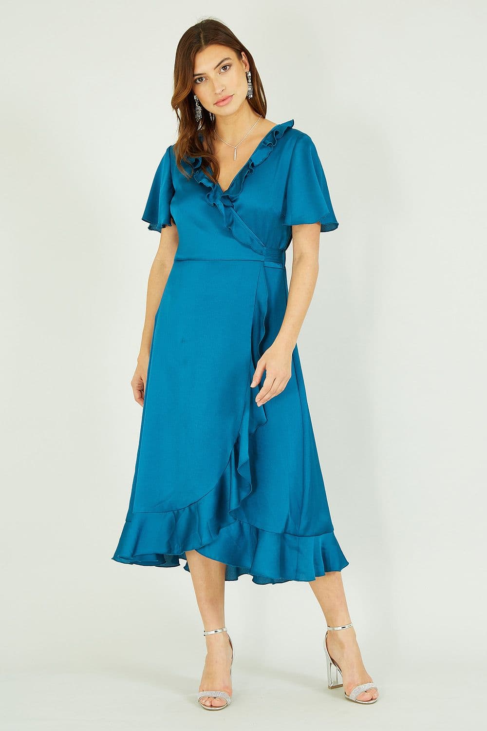 Yumi Teal Satin Wrap Midi Dress