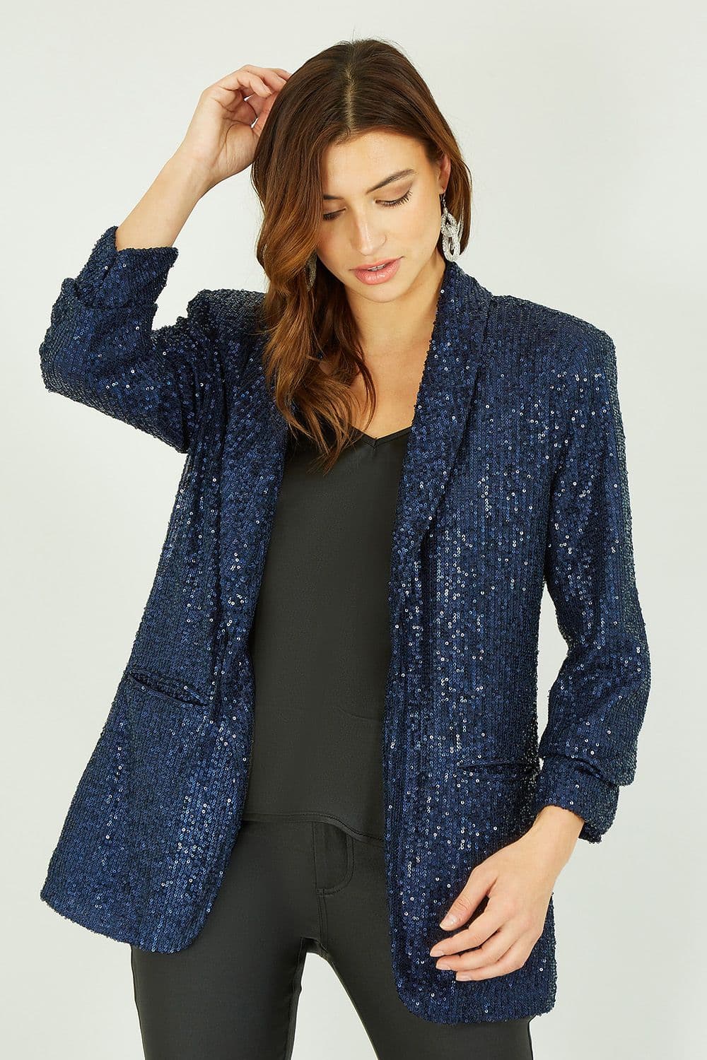 Yumi Women's Navy Sequin Blazer With Pockets | Size: 10