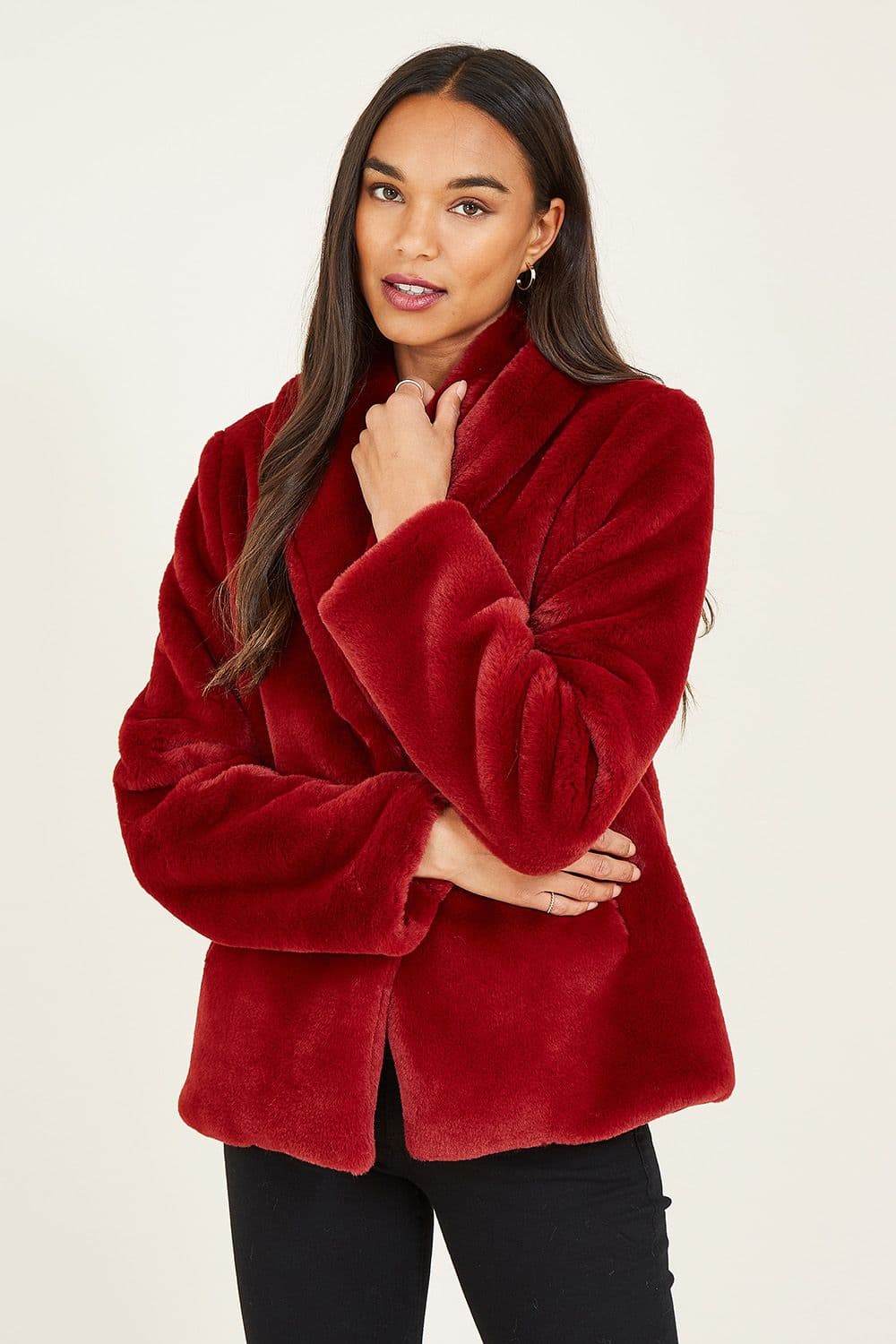 Red Short Wrap Faux Fur Coat