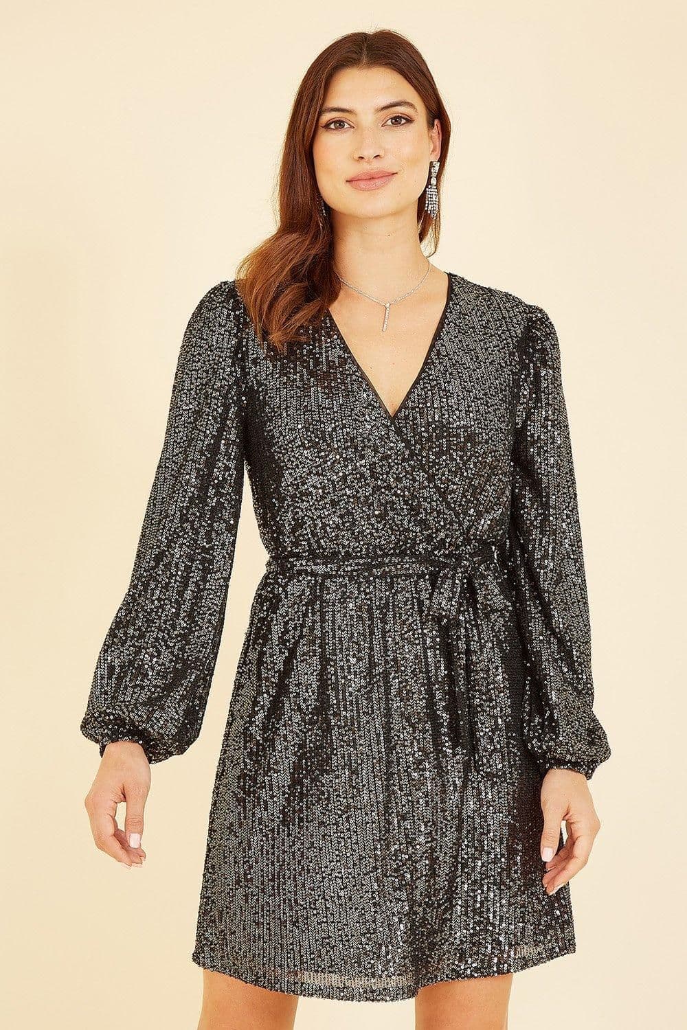 Sequin Belted Wrap Long Sleeve Dress
