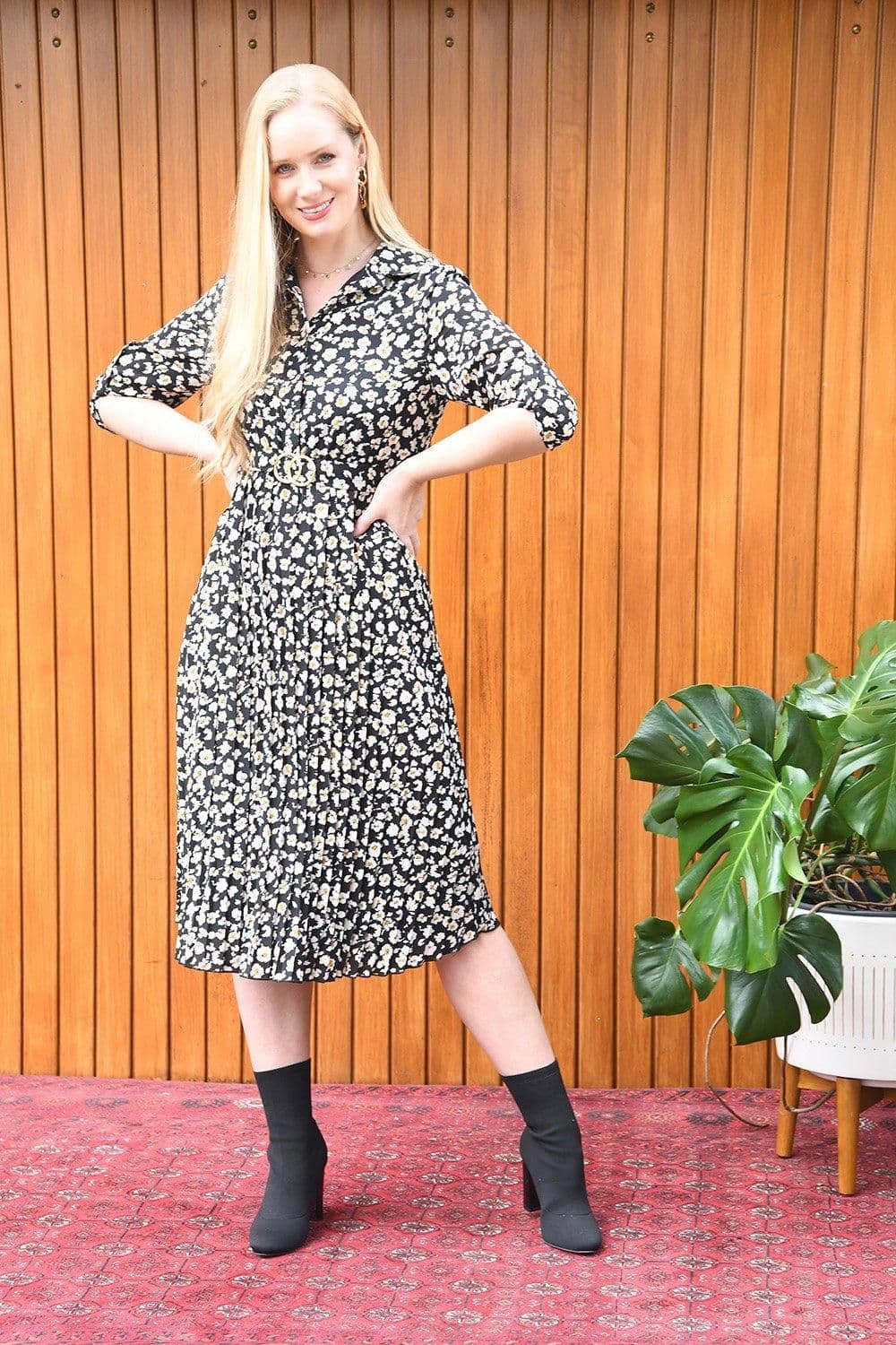 Ditsy Daisy Pleated Midi Dress Gold Buckle Belt