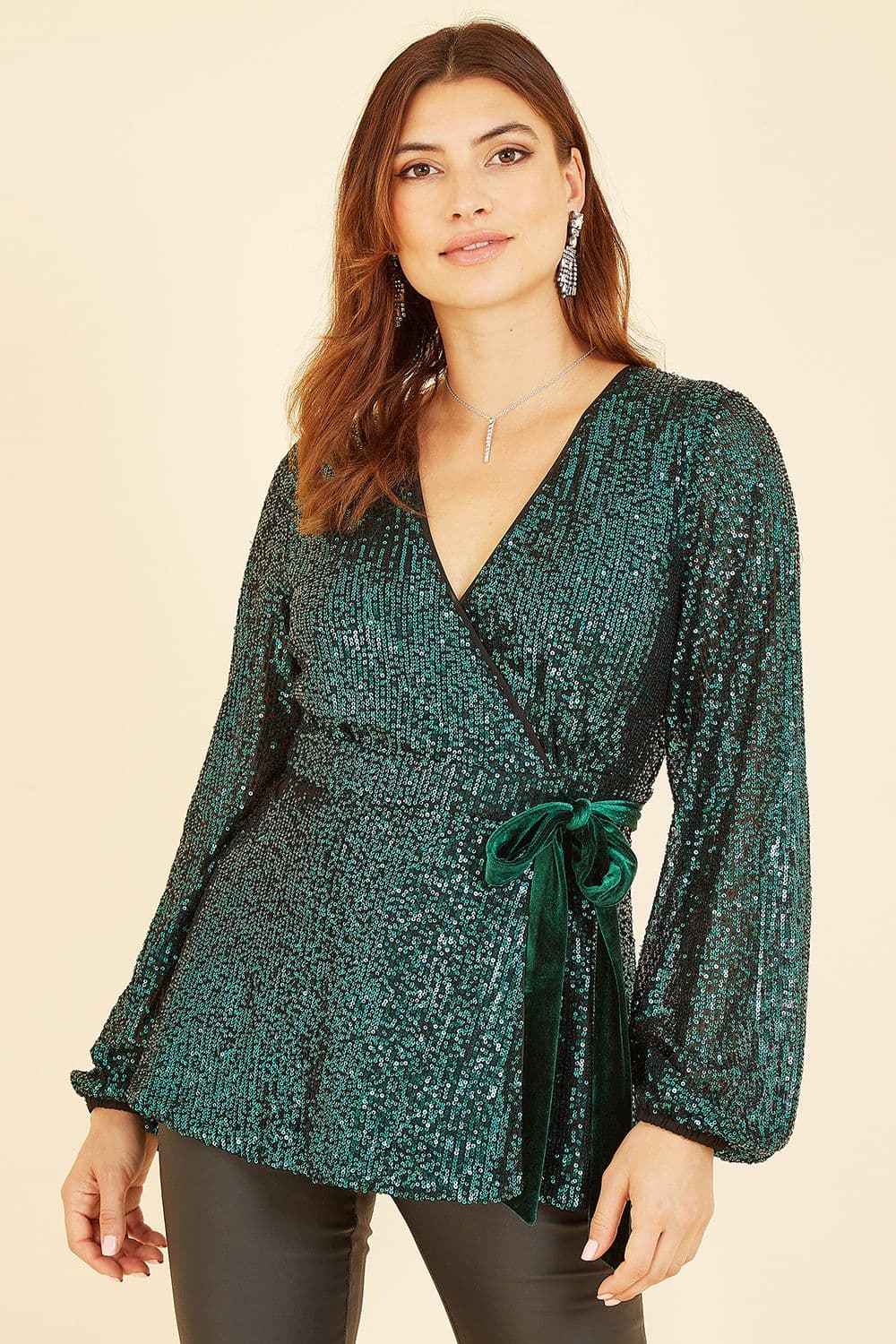 Green Sequin Wrap Top With Velvet Tie