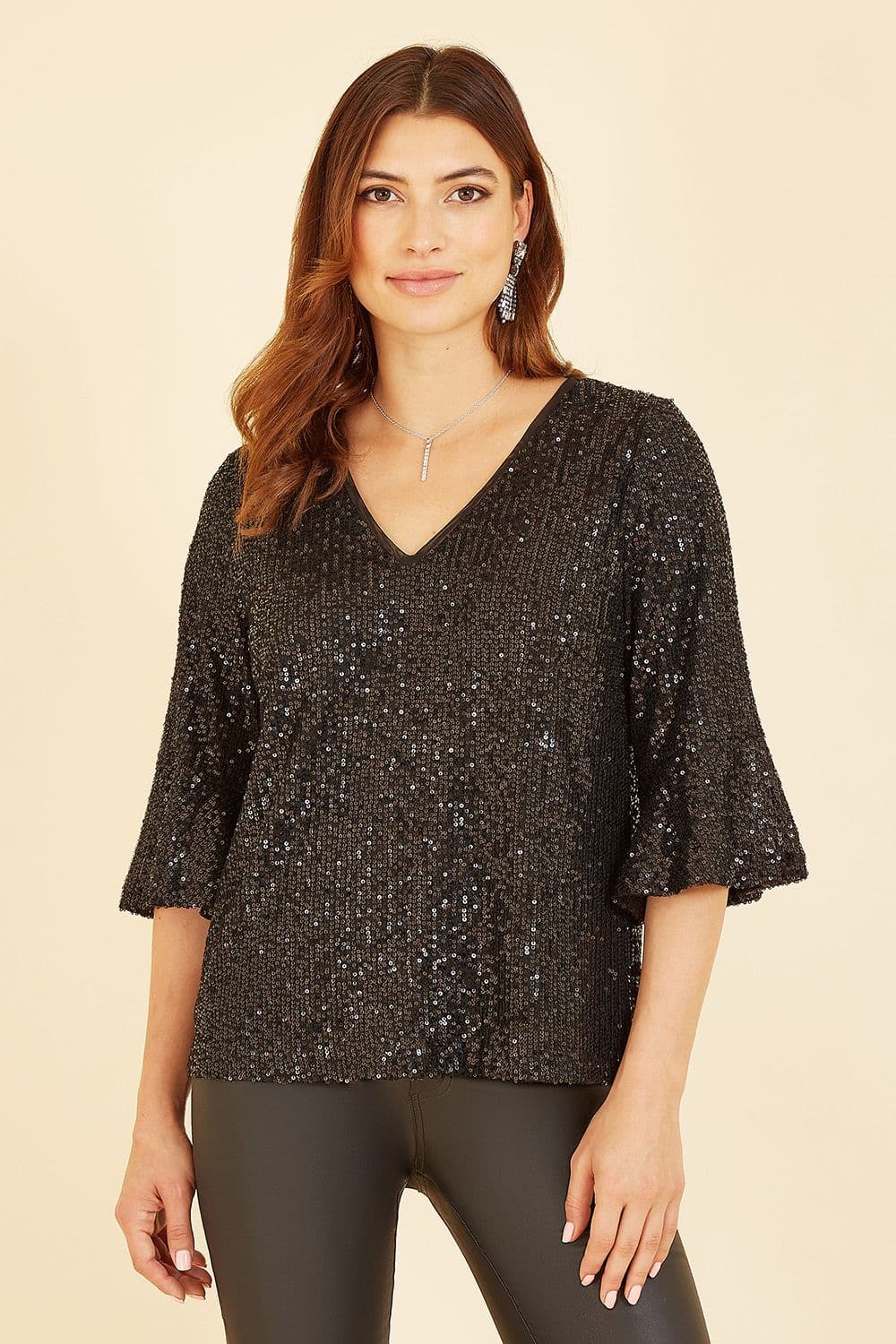 Yumi Women's Black Sequin Top With Fluted Sleeve | Size: 16