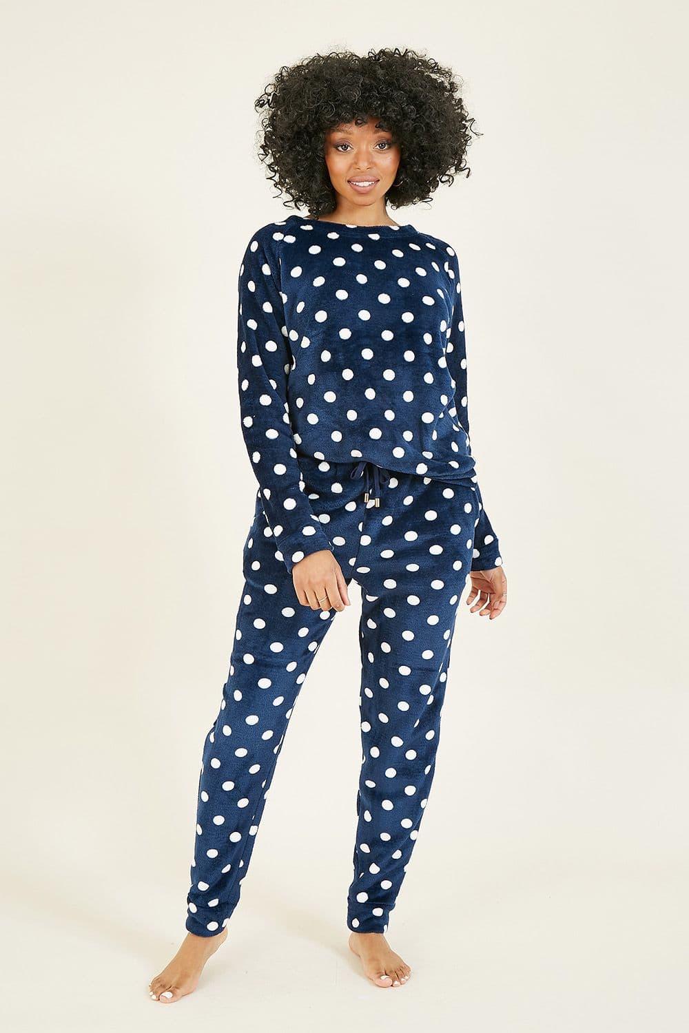 Yumi Women's Navy Spot Super Soft Fleece Pyjamas | Size: 8