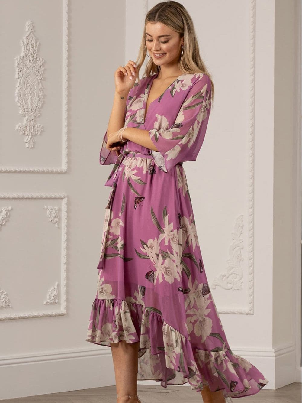 Soft Pink Floral Kimono Sleeves Dip Hem Wrap Midi Dress
