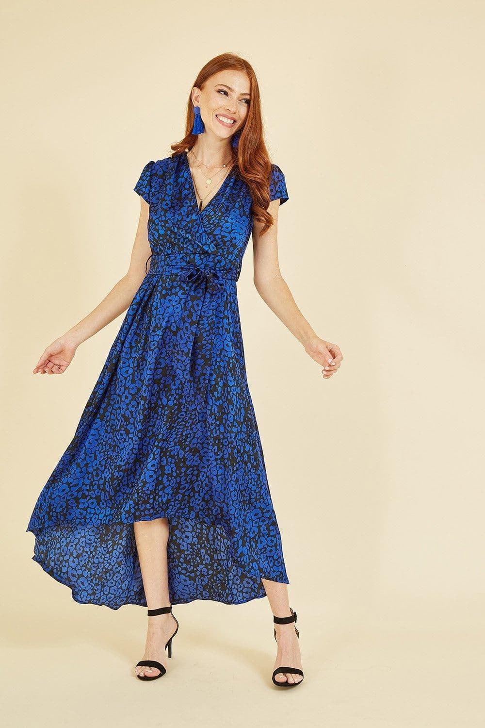 Animal Print Dip Hem Midi Wrap Dress