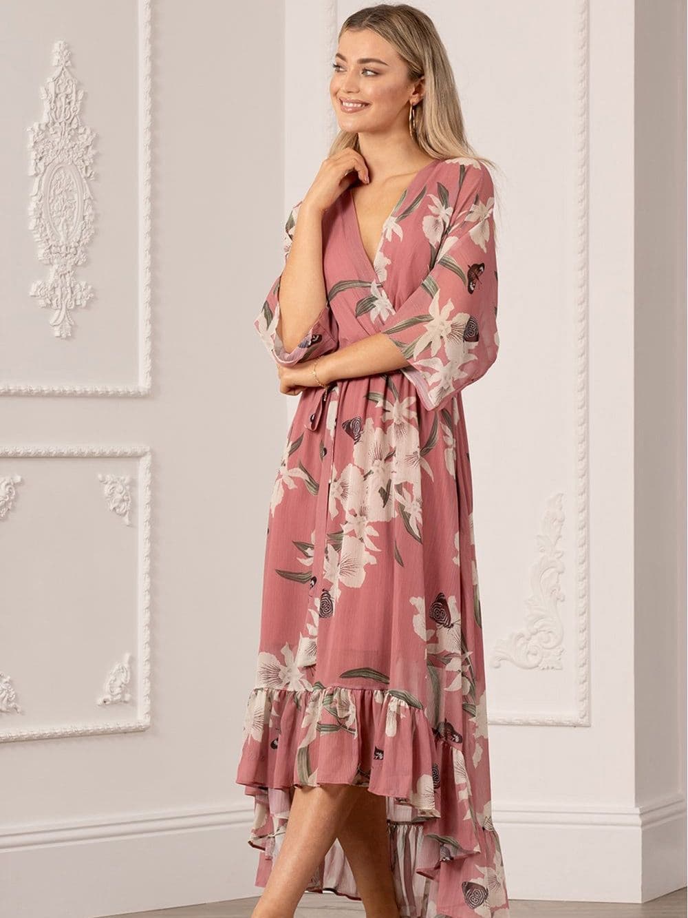Peach Floral Kimono Sleeves Dip Hem Wrap Midi Dress