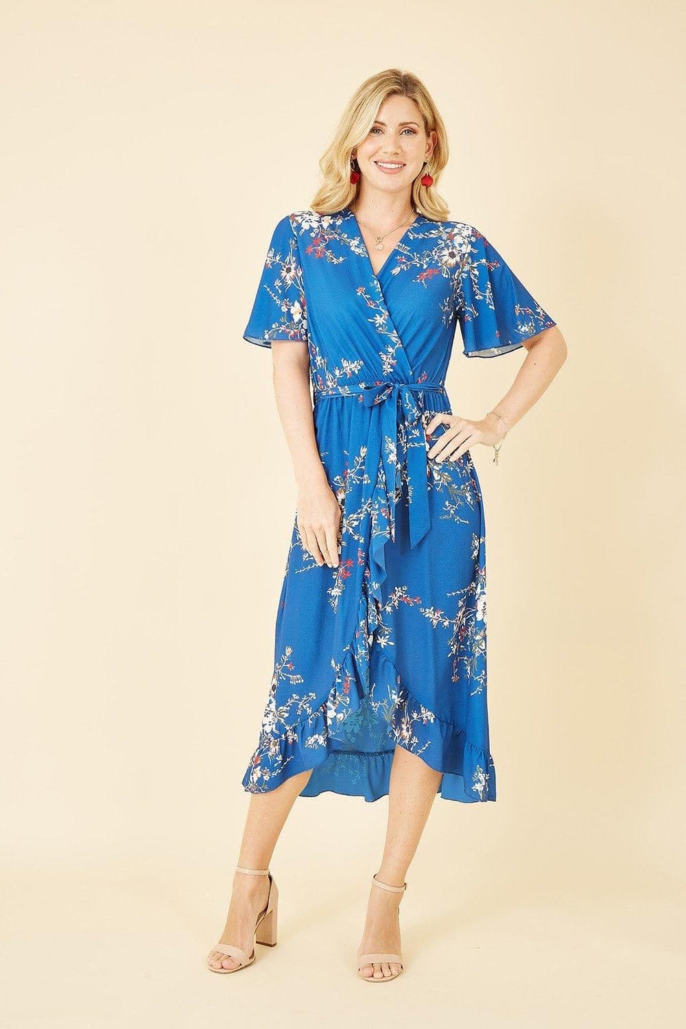 Floral Dip Hem Wrap Midi Dress