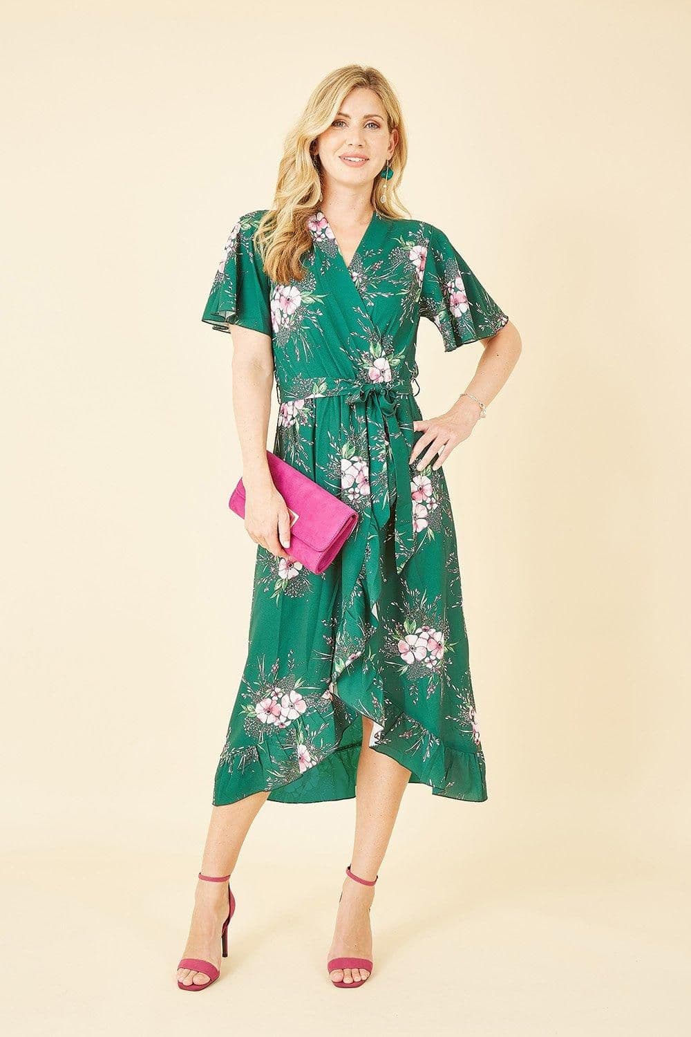 Floral Dip Hem Wrap Midi Dress