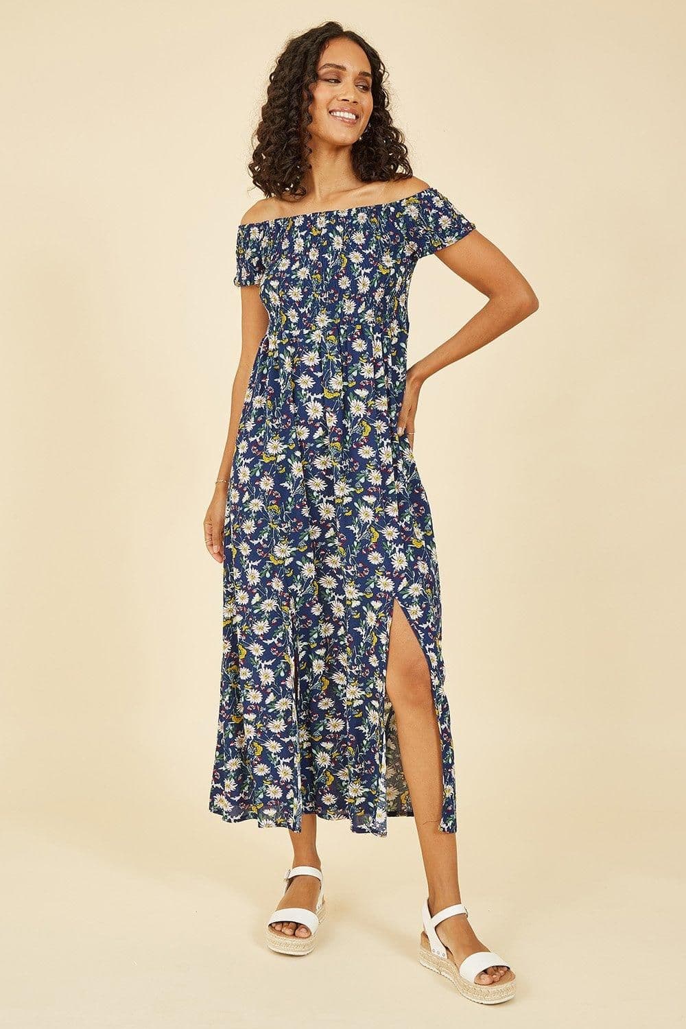 Floral Print Bardot Midi Dress Split Hem