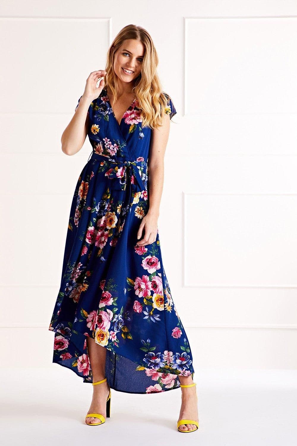 Blue Floral Wrap Over Dipped Hem Midi Dress