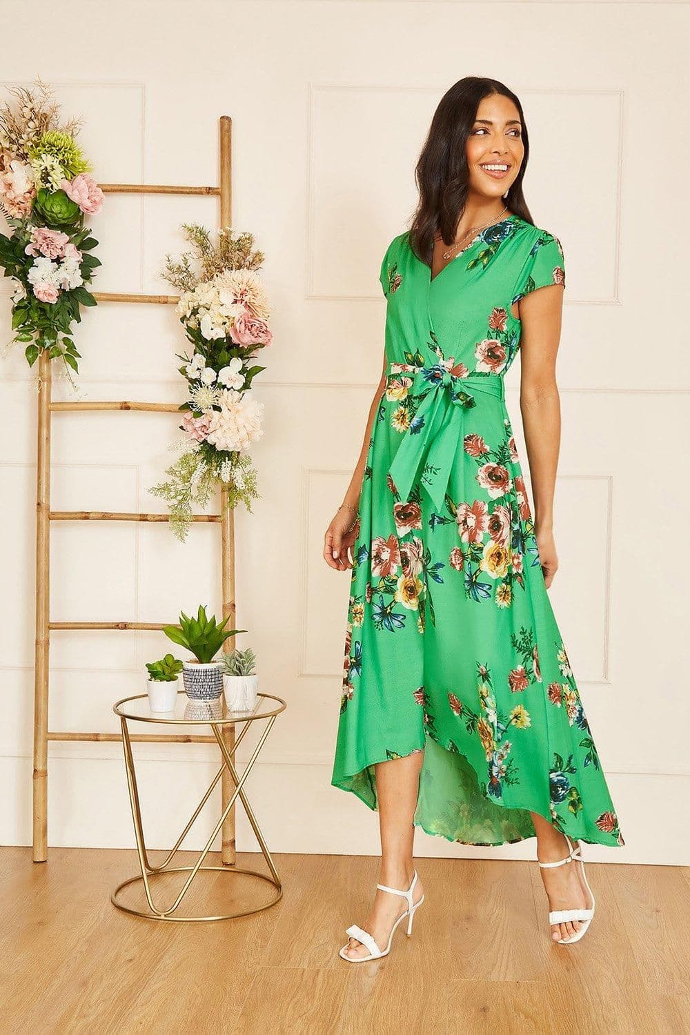 Bright Floral Dip Hem Wrap Midi Dress