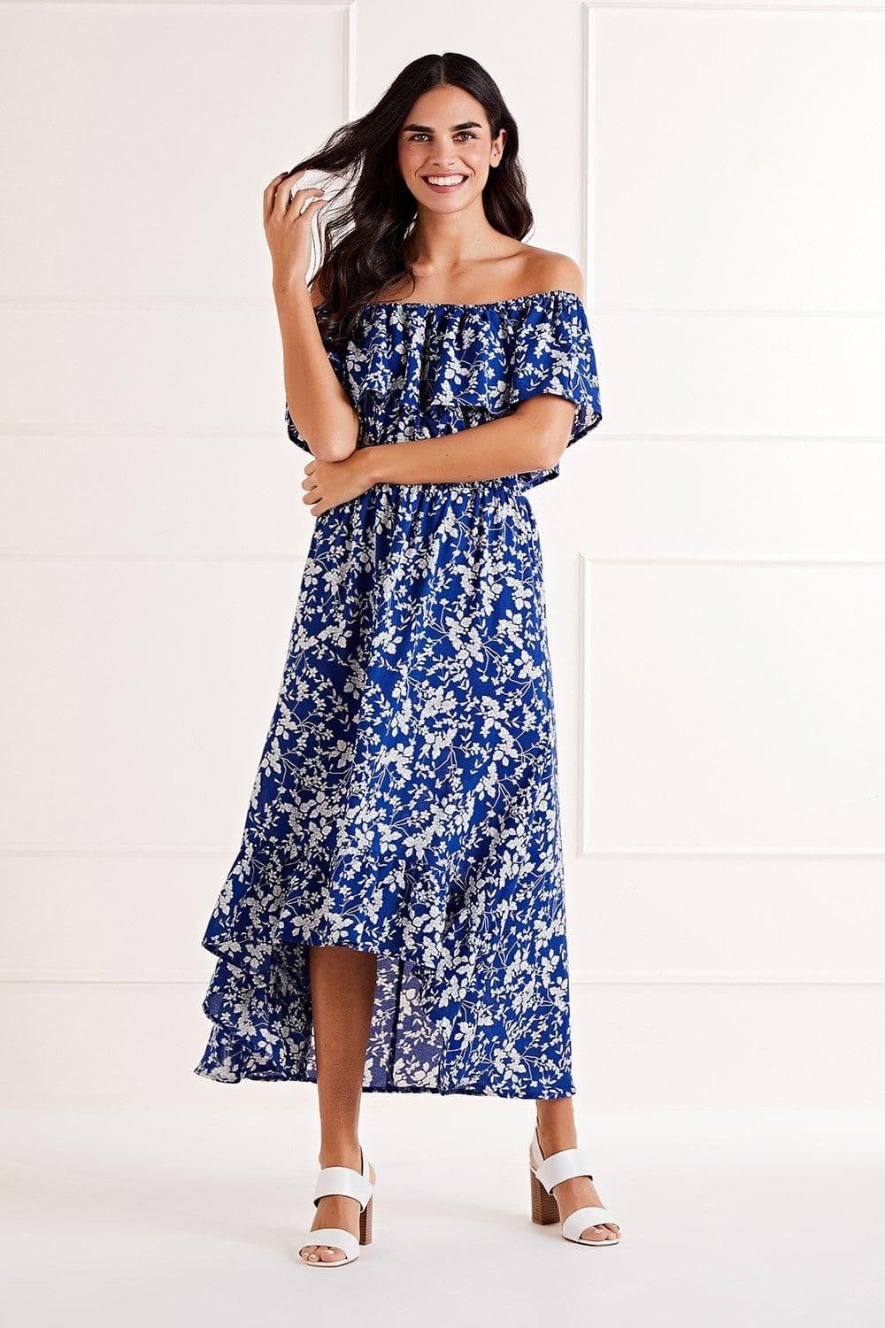 Ditsy Print Bardot Dipped Hem Dress