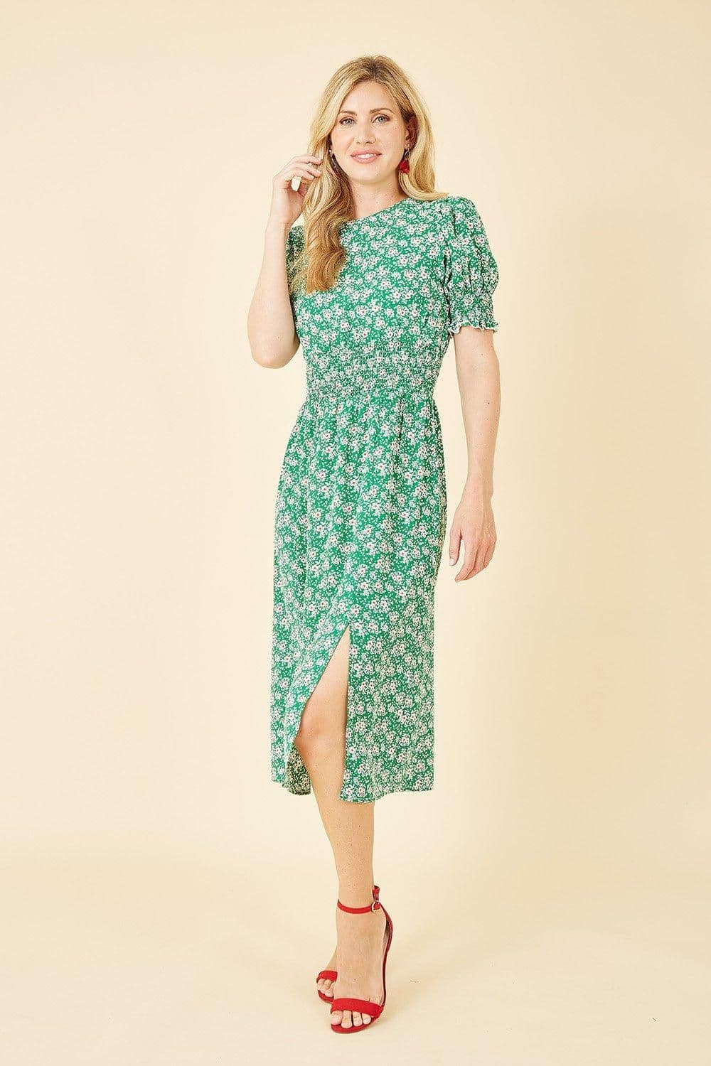 Floral Print Shirred Waist Midi Dress