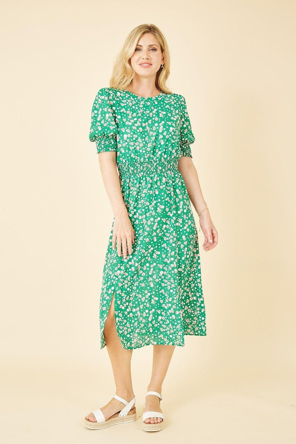 Floral Print Ruched Waist Midi Dress