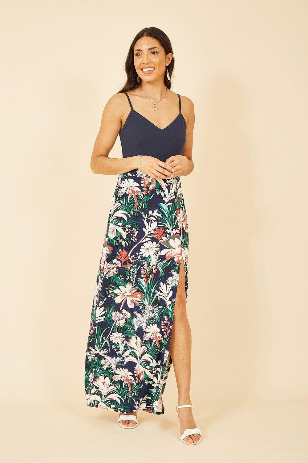 Leaf Print Jersey Maxi Dress Split Hem