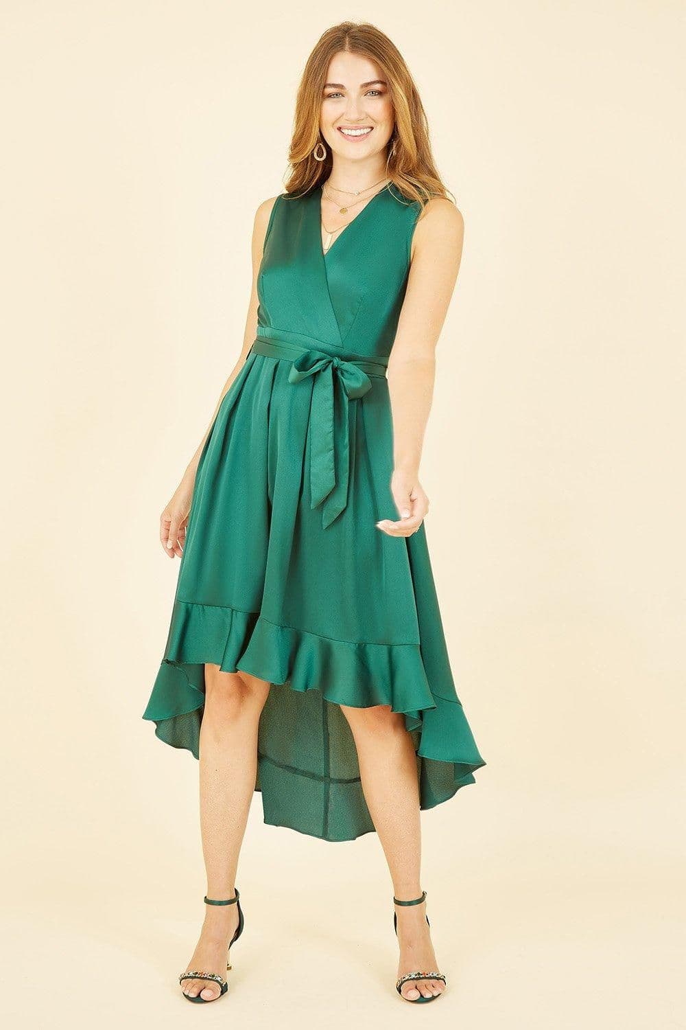 Satin Dipped Hem Wrap Over Midi Dress
