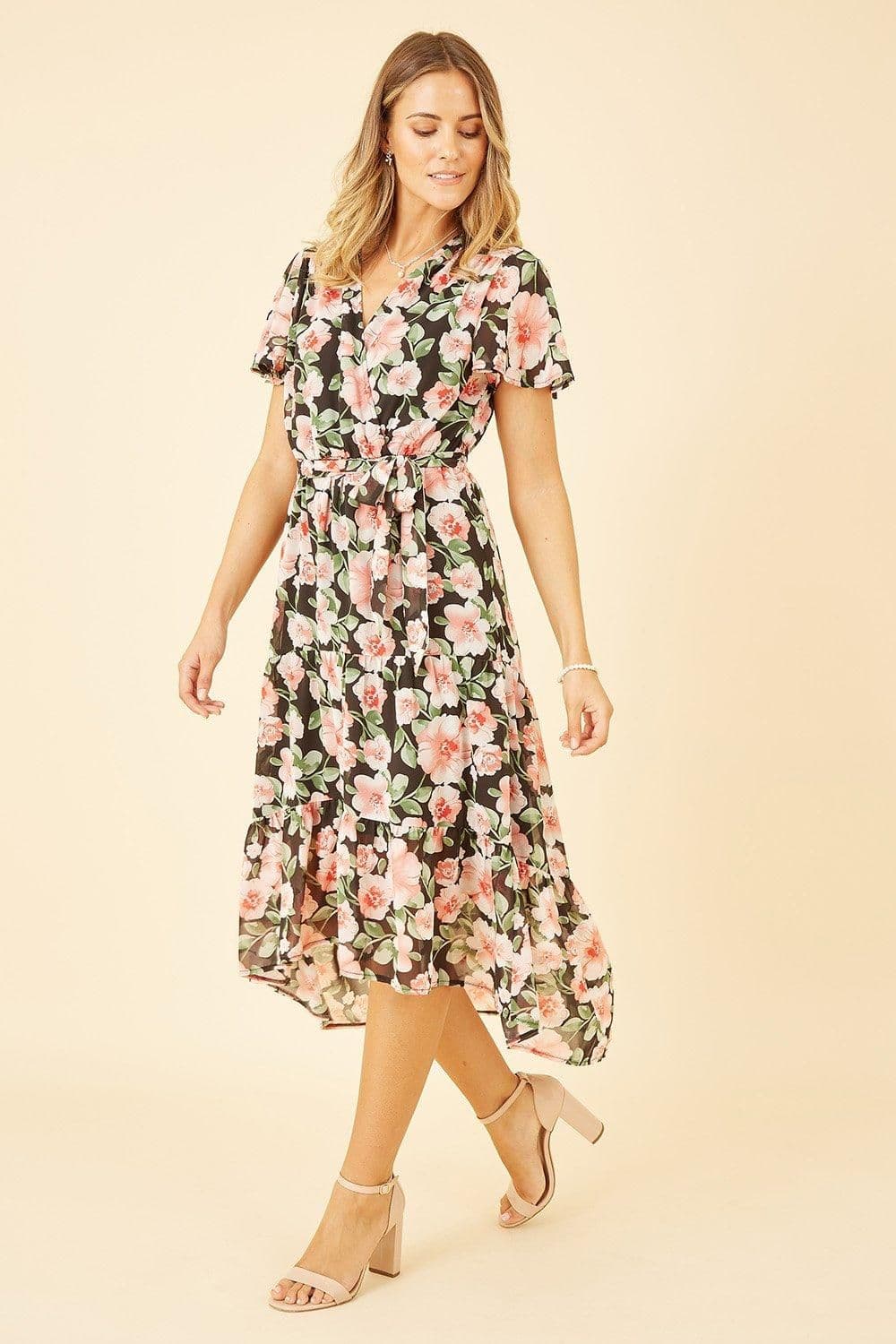 Floral Wrap Dress Tiered Dipped Hem