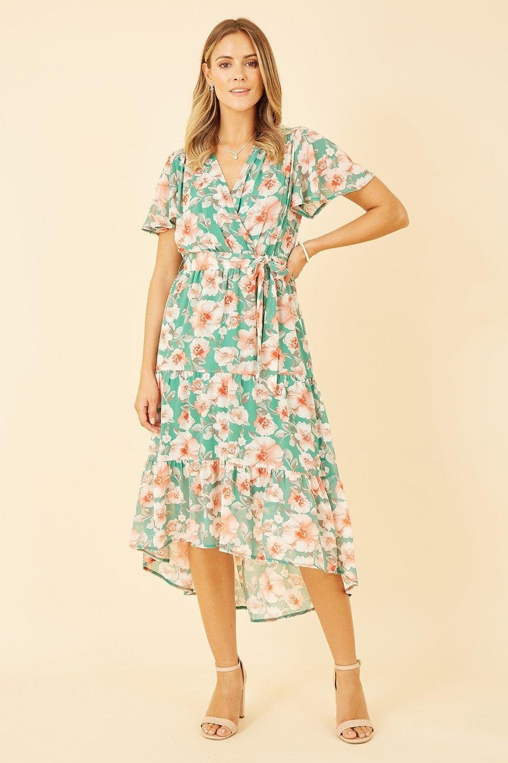 Floral Wrap Dress Tiered Dipped Hem