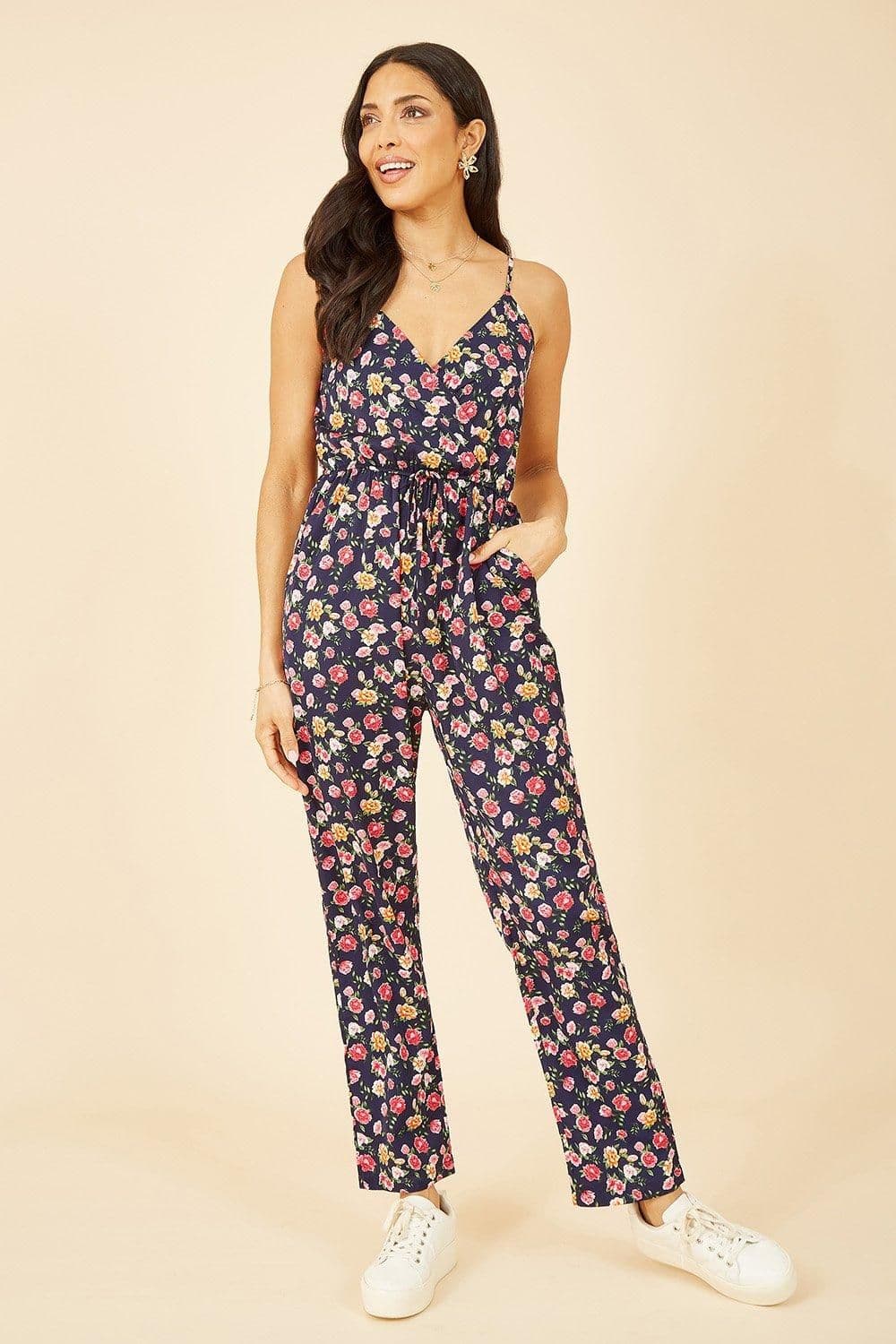 Floral Print Wrap Over Strappy Jumpsuit