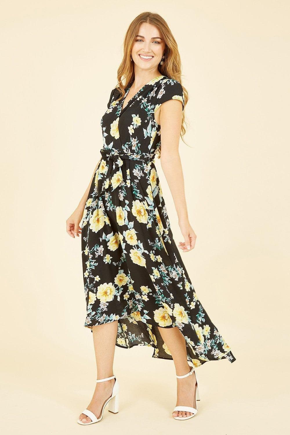 Floral Print Dipped Hem Midi Wrap Dress