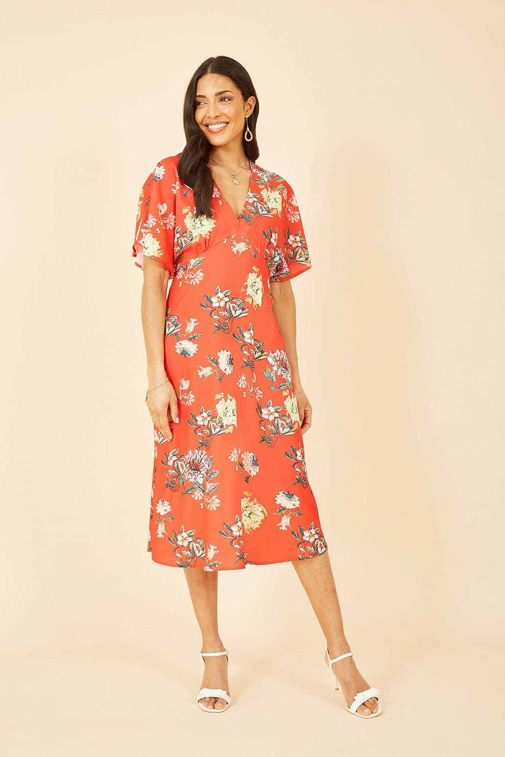 Red Floral Kimono Midi Dress