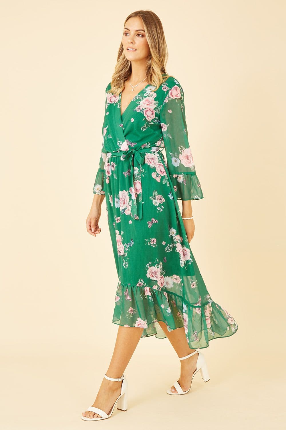 Green Floral Wrap Dress With Dipped Hem