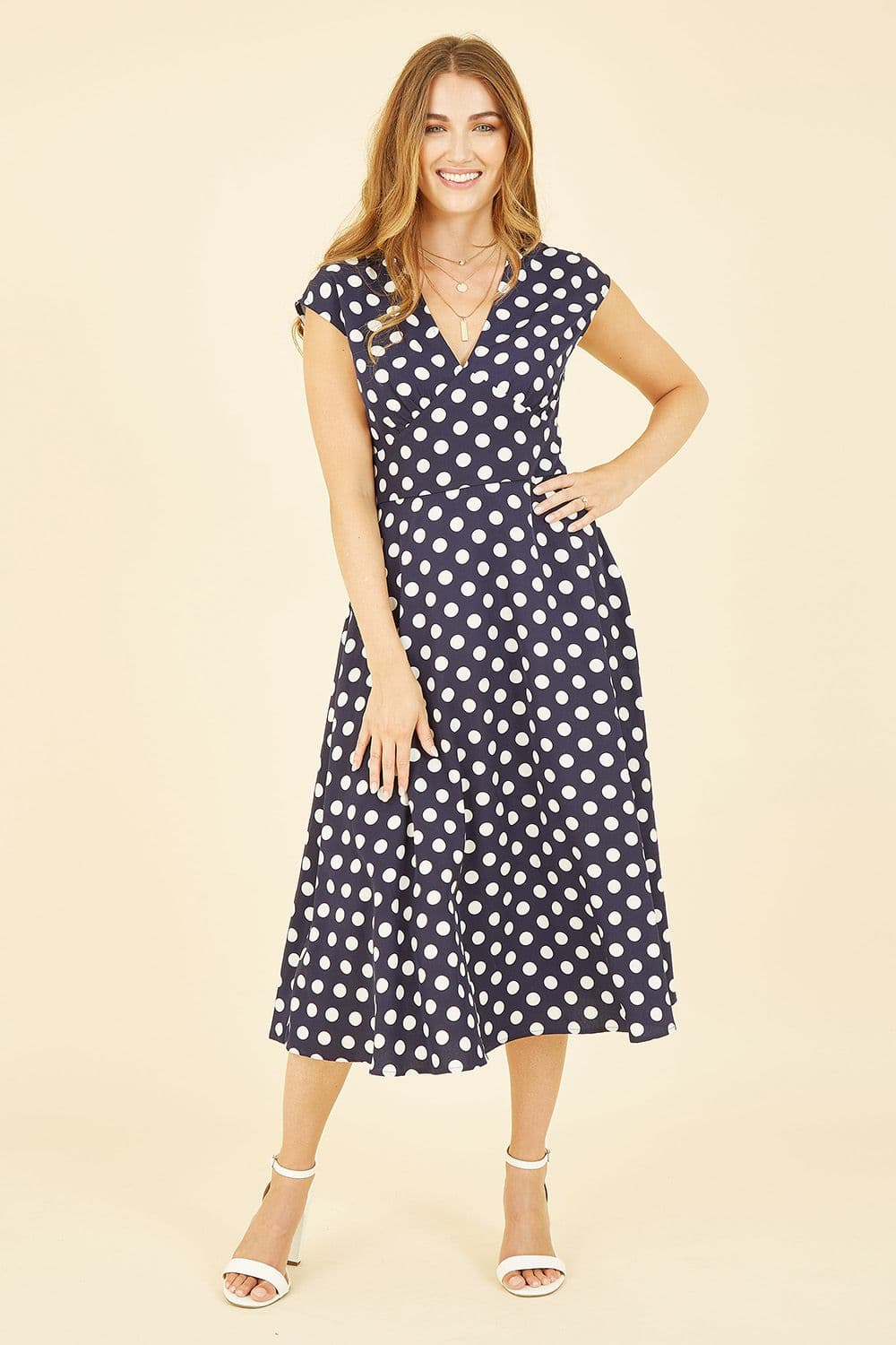 Navy Spot Print Kimono Sleeve Midi Dress