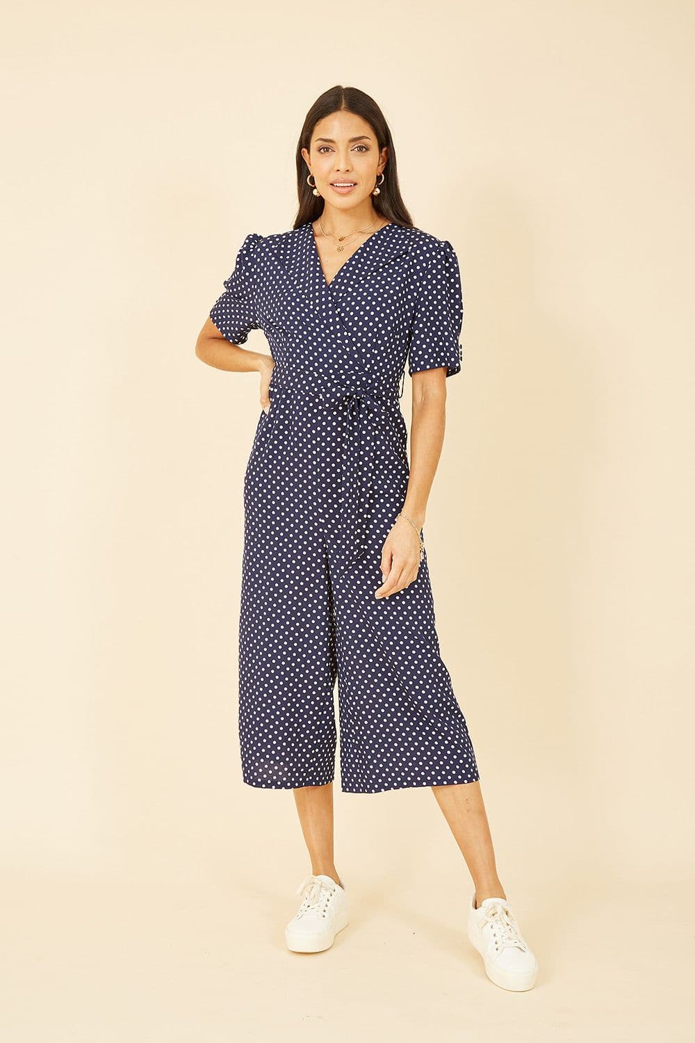 Navy Spot Print Retro Culotte Jumpsuit