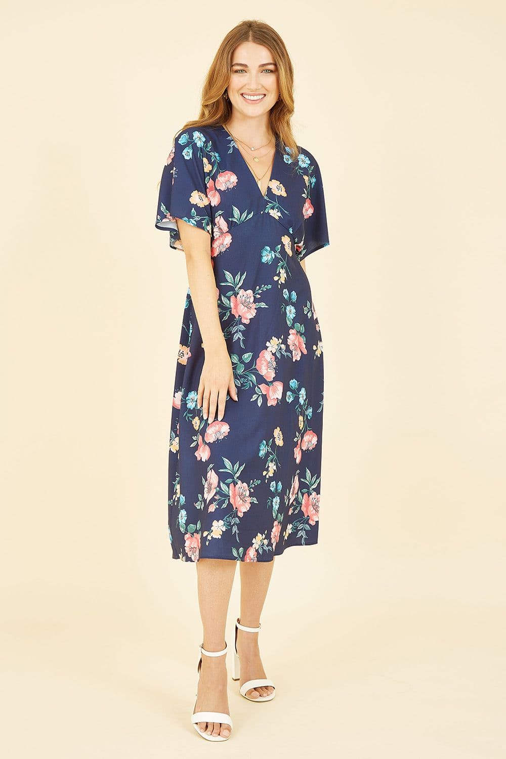 Navy Floral Kimono Midi Dress