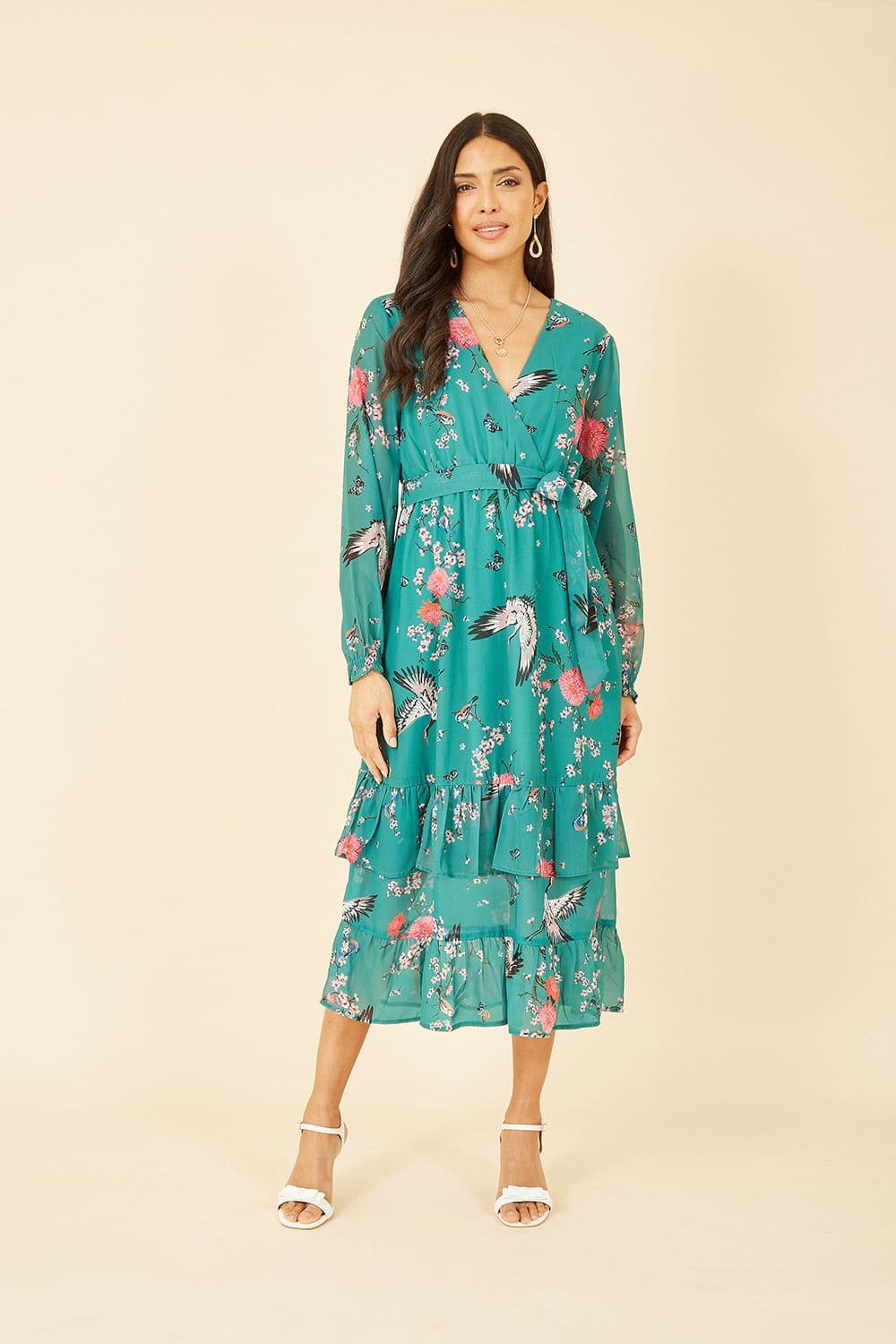 Green Crane Print Long Sleeve Wrap Midi Dress