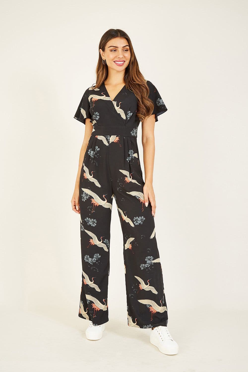 Yumi Women's Black Crane Print Jumpsuit | Size: 22