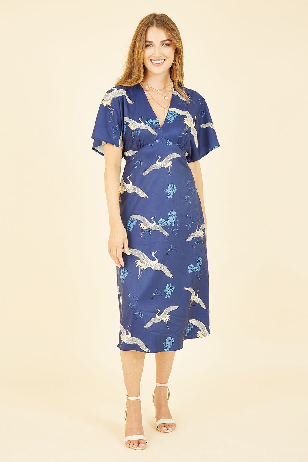 Navy Crane Print Kimono Midi Dress