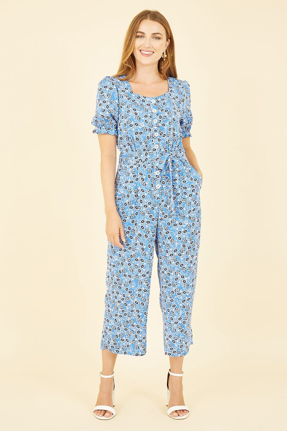 Blue Floral Puff Sleeve Jumpsuit