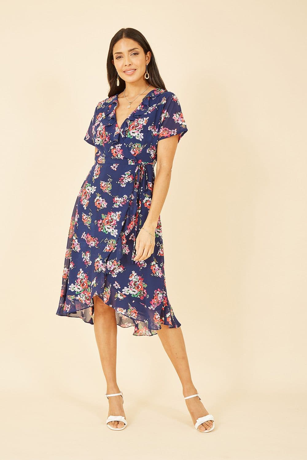 Navy Floral Frill Wrap Midi Dress