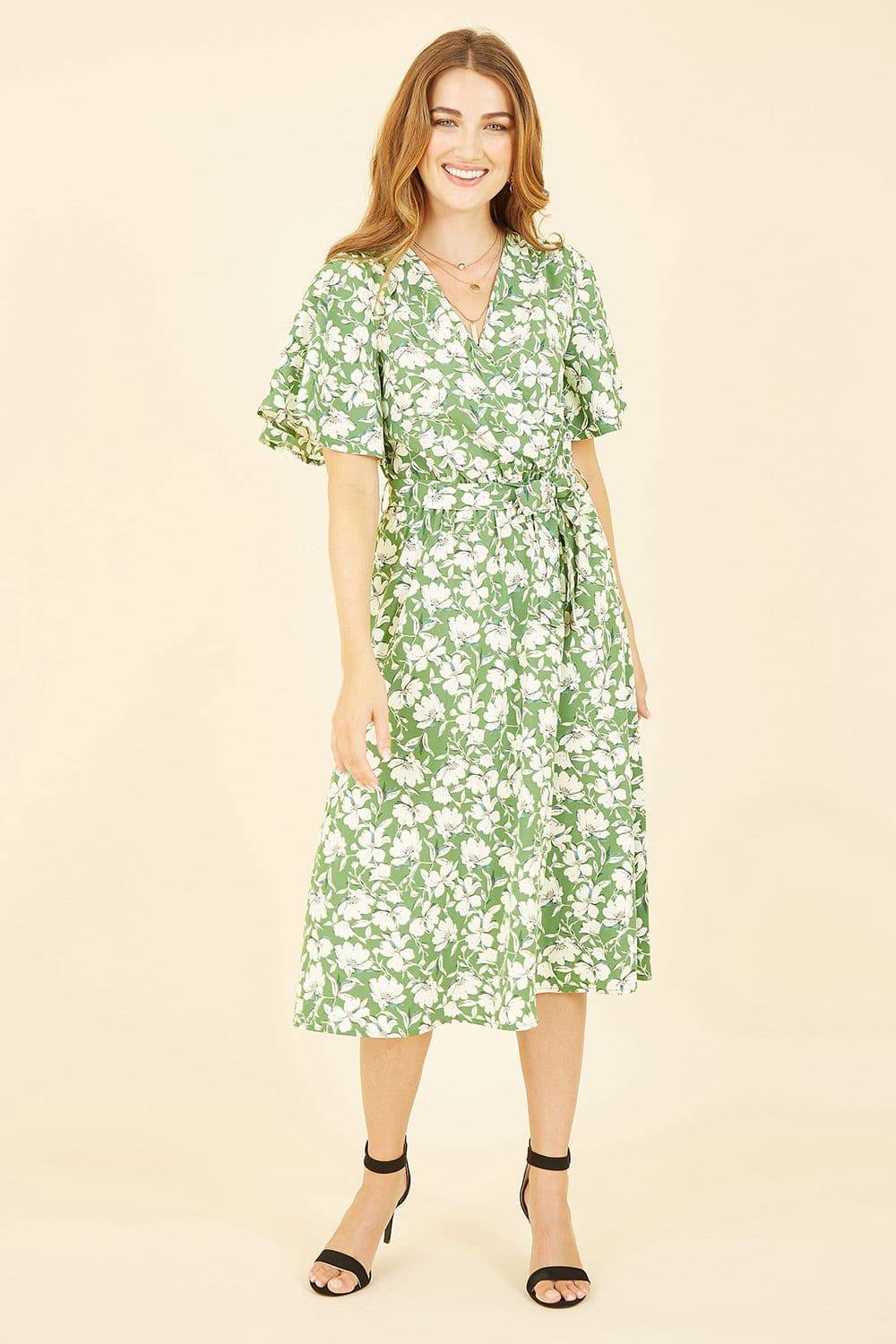 Green Floral Wrap Midi Dress
