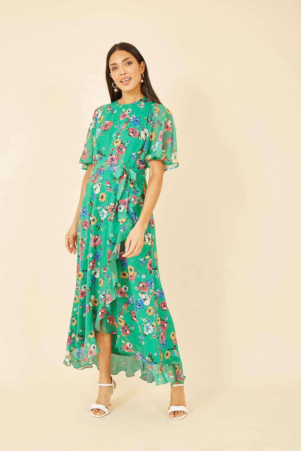 Green Floral And Bird Print Frill Dress