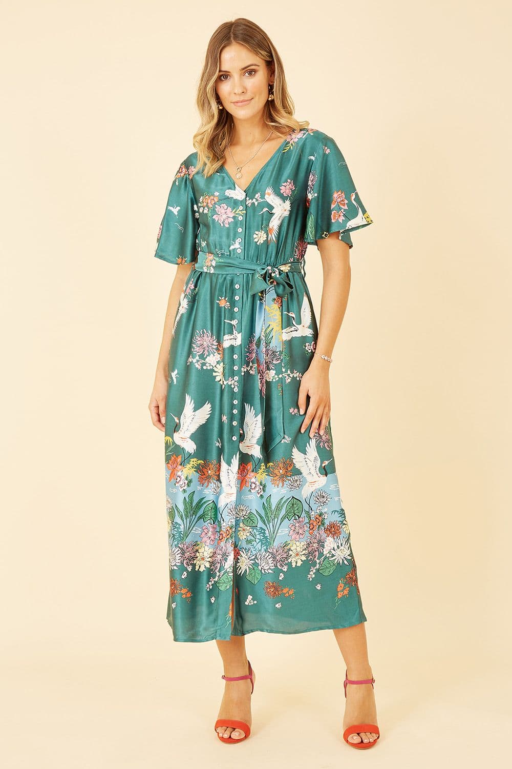 Green Satin Crane Print Border Shirt Dress