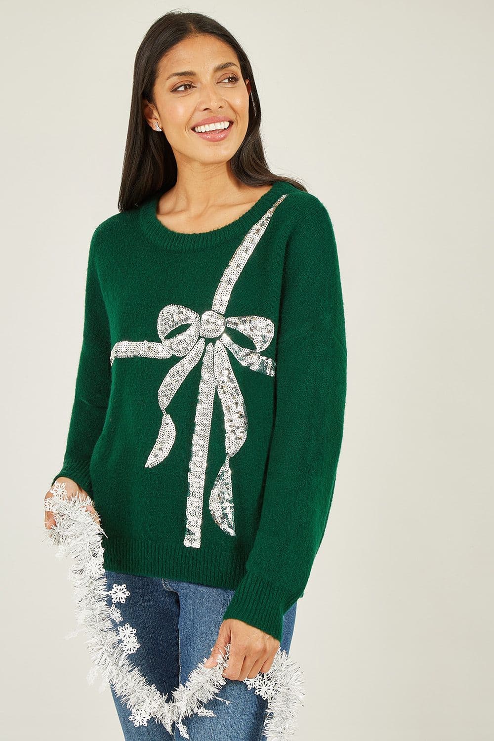 Yumi Women's Green Sequin Bow Knitted Jumper | Size: Medium