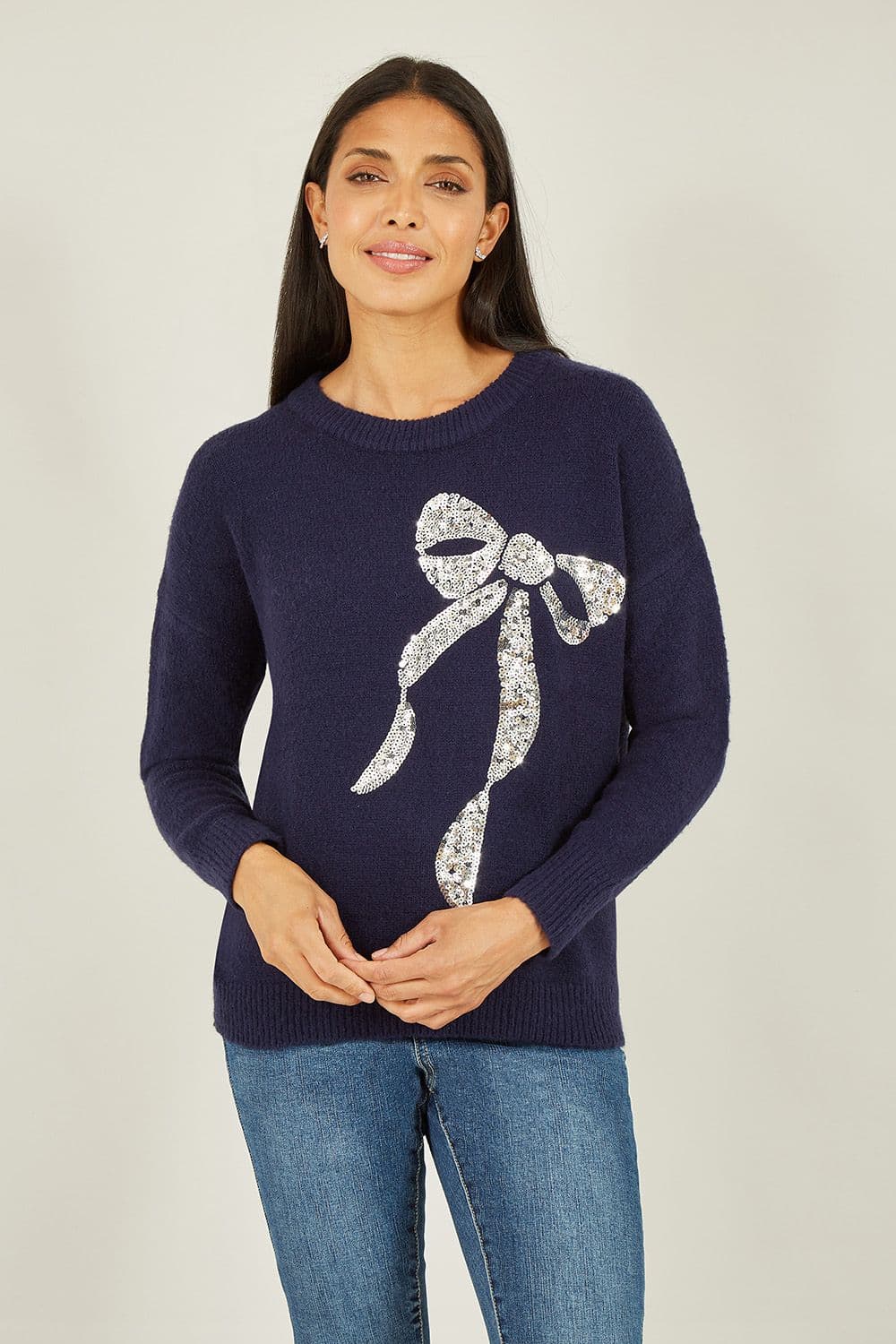 Navy Sequin Bow Knitted Jumper