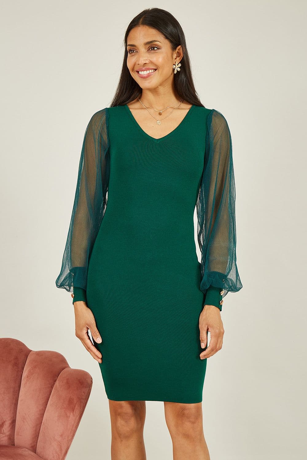 Green Knitted Body Con Dress With Chiffon Sleeve