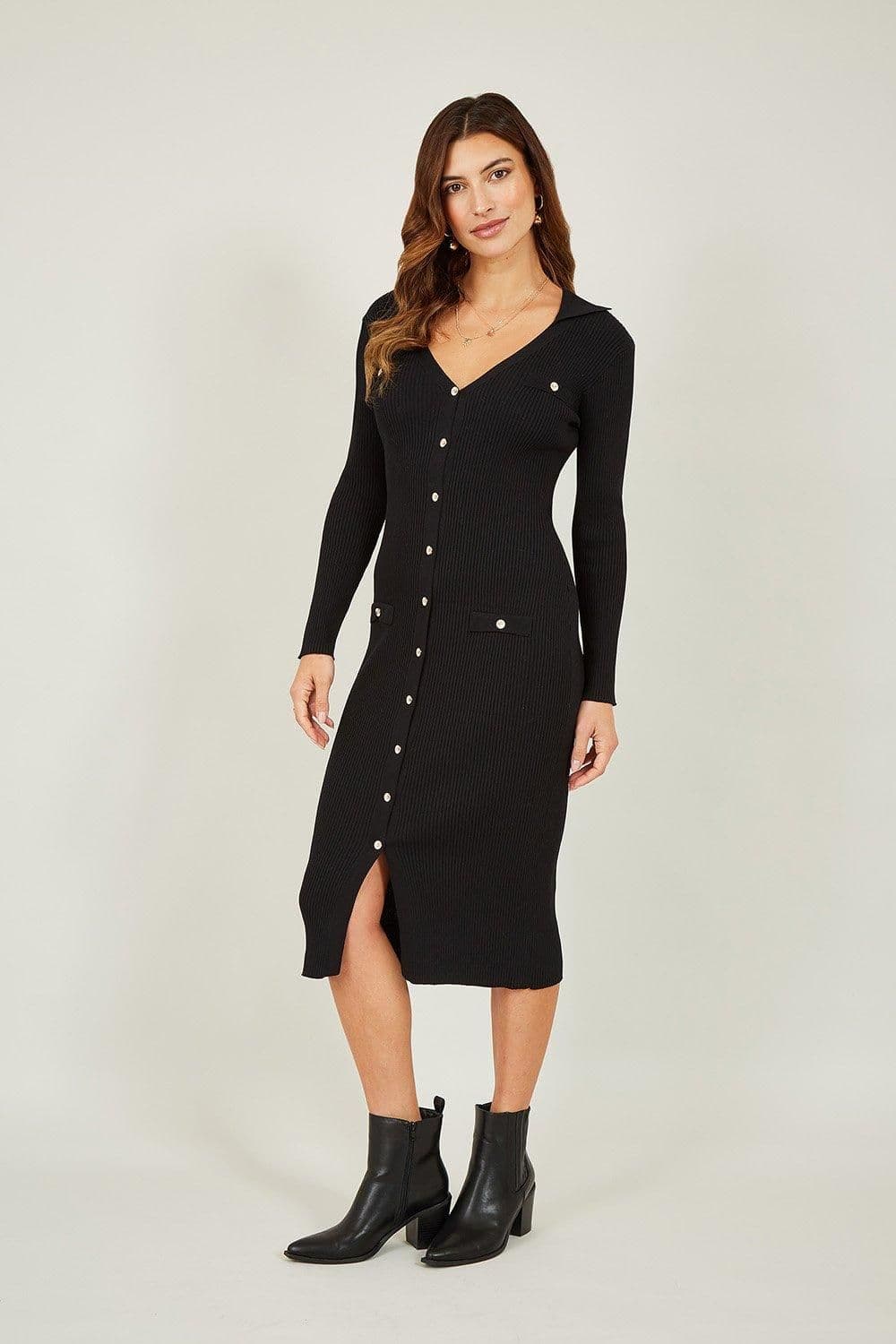 Knitted Fitted Midi Dress Buttons