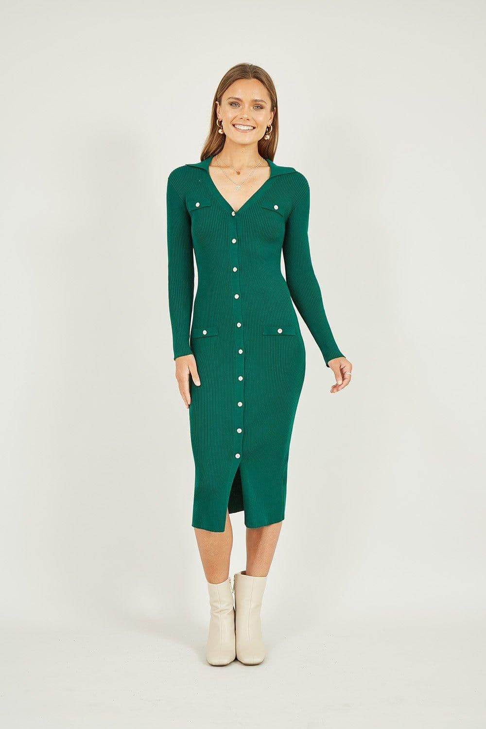 Knitted Fitted Midi Dress Buttons