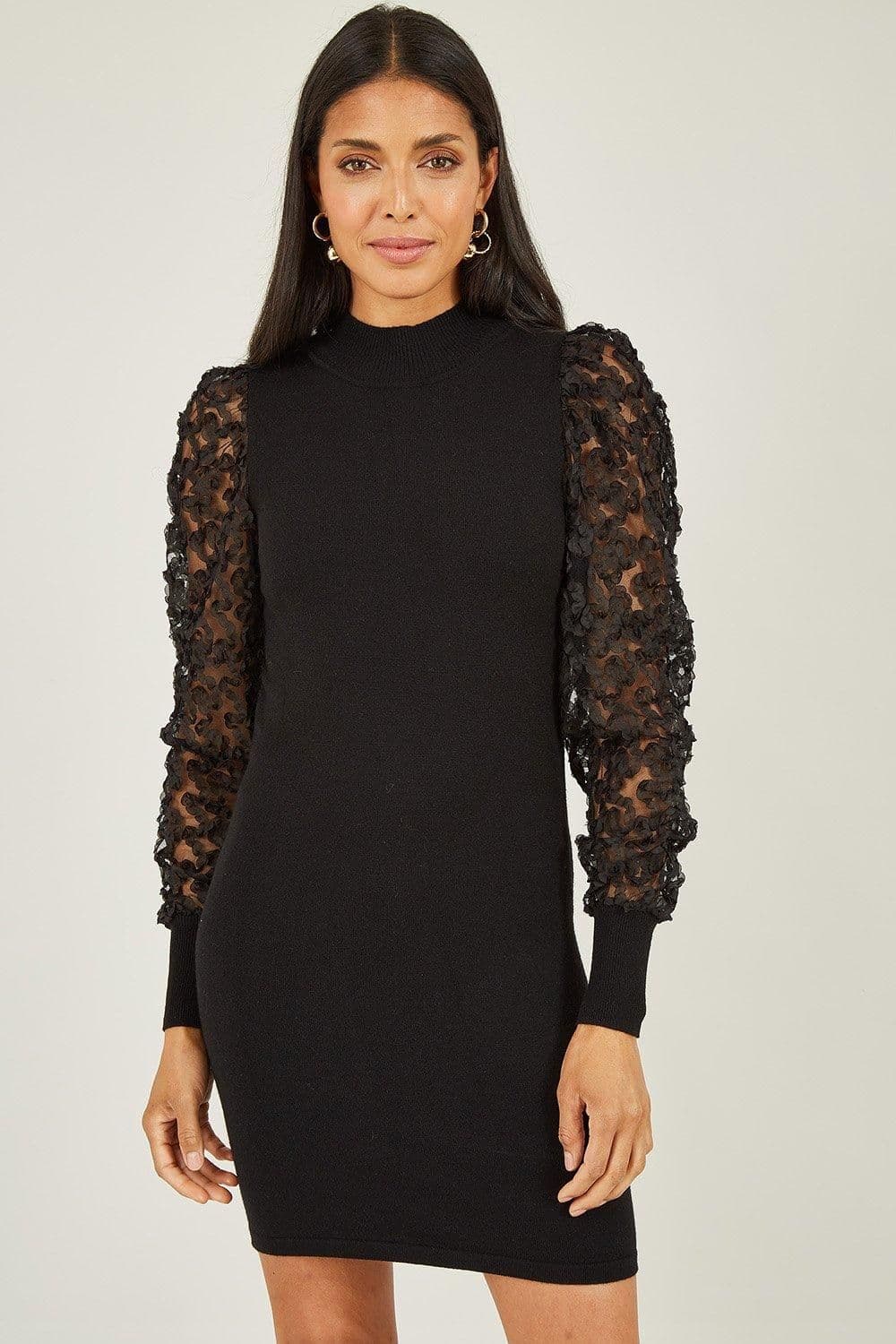 Fitted Knitted Dress Mesh Sleeve