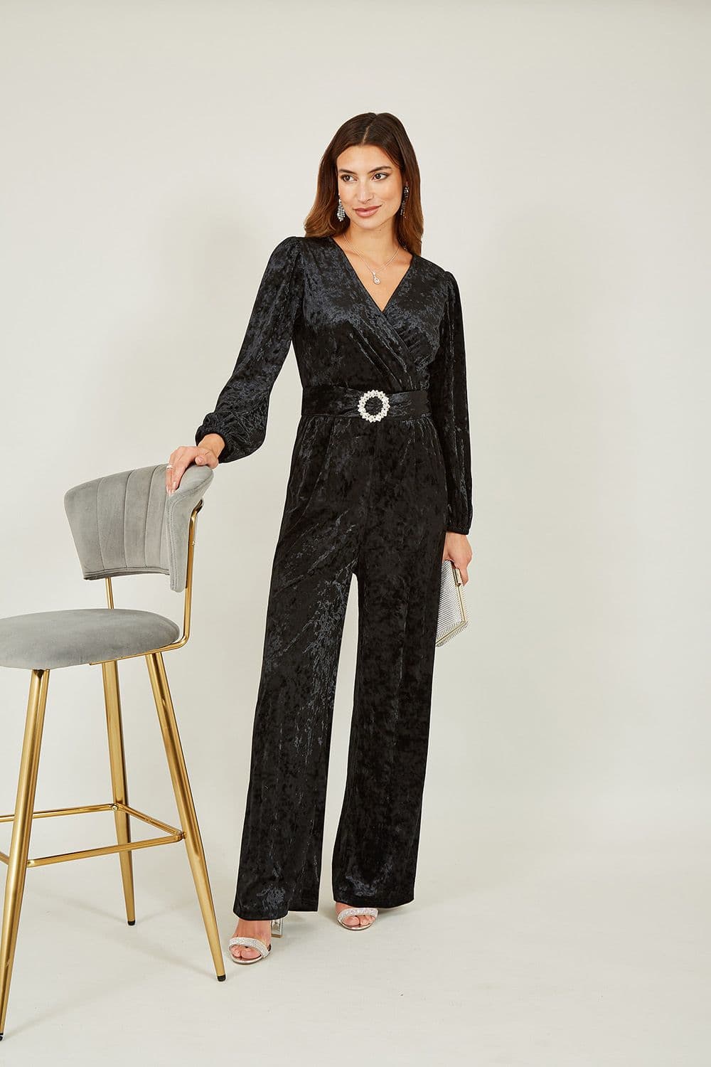 Black Velvet Long sleeve Jumpsuit With Diamanté Belt